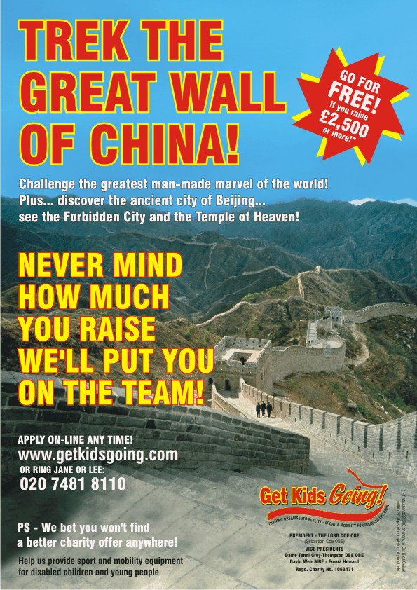 At Get Kids Going! Challenge the greatest man made marvel ofthe world and discover the ancient city of Beijing, the Forbidden City and the Temple of Heaven