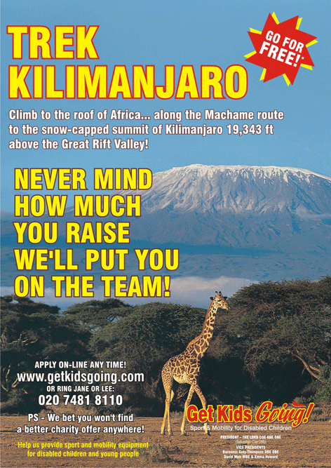 Trek Kilmanjaro in  2008 & 2009 - At Get Kids Going! Climb to the roof of Africa along the Machame route to the snow capped summit of Kilimanjaro 19,000ft above the Great Rift Valley