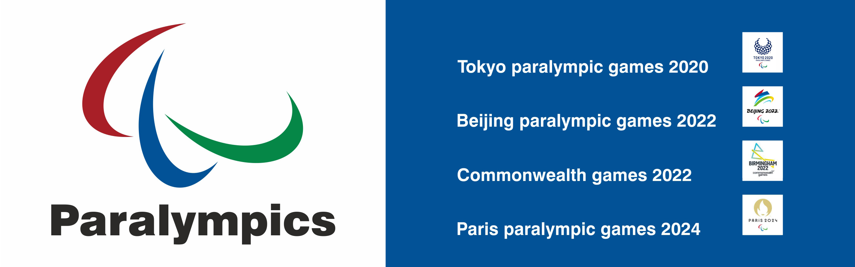 Logos for Tokyo paralympic games 2022, Beijing 2022, Commonwealth 2022, Paris 2024