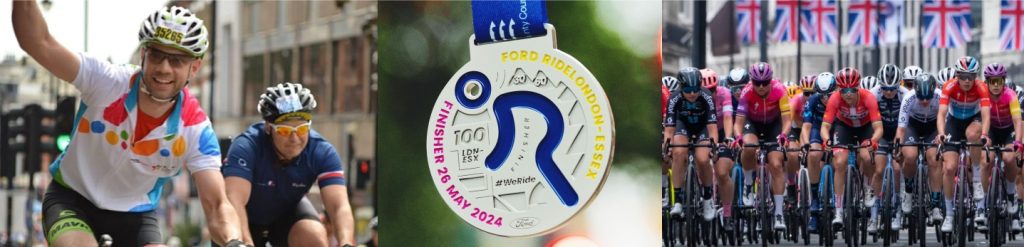 Image 1: two rides competeing in the RideLondon 100, the first smiling and waving. Image 2: the new RideLondon 100 Finishers medal. Image 3, The start of the RideLondon 100, where rides have just set off.