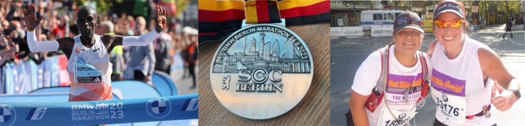 BMW Berlin Marathon 2023 race winner Eliud Kipchoge. BMW Berlin Marathon 2023 finishers medal. Get Kids Going! team runners taking part in the Berlin Marathon